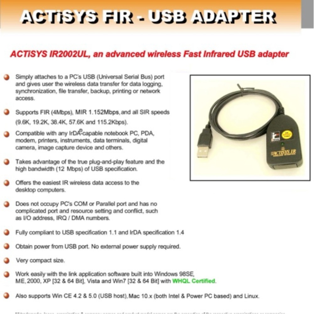 A wireless Fast Infrared USB adapter to transfer data over a PC'
